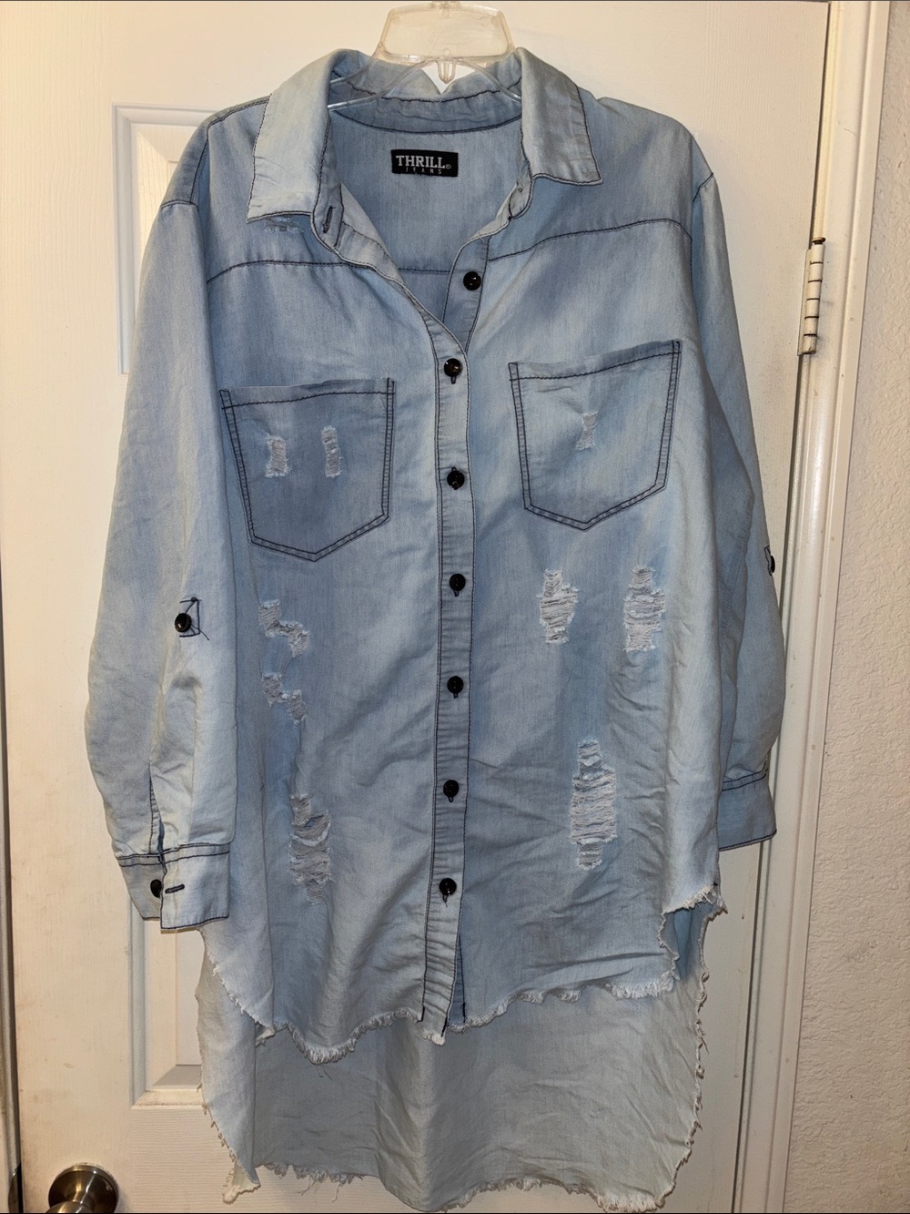 Thrill Jeans Light Blue Distressed Denim Shirt Dress 3X EUC